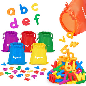 JoyCat alphabet magnets for kids, 156-piece set, ideal for spelling practice and color recognition.