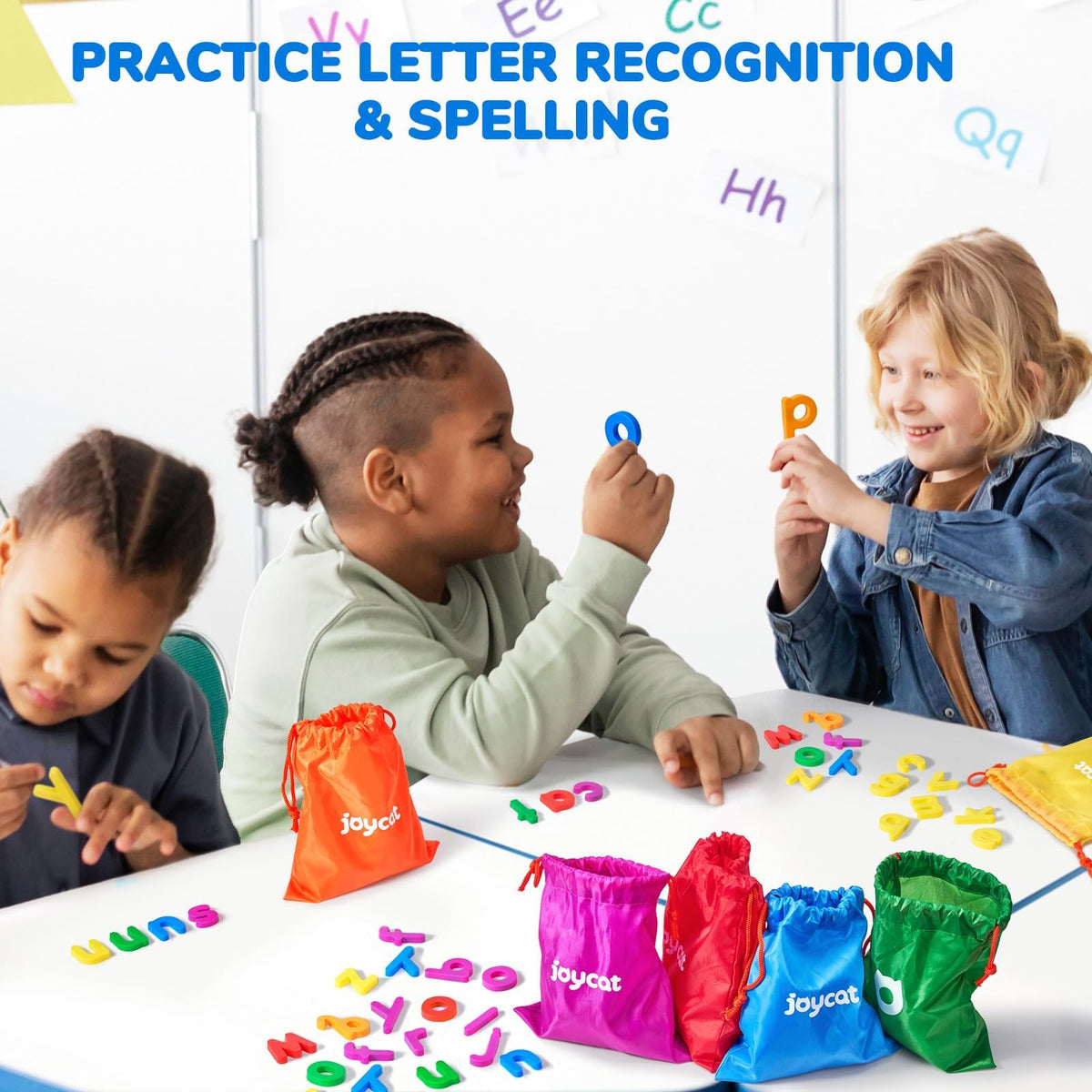 JoyCat alphabet magnets support color recognition and early spelling in solo or group activities.