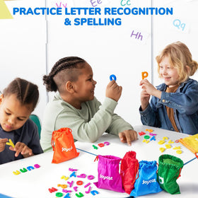 JoyCat alphabet magnets support color recognition and early spelling in solo or group activities.