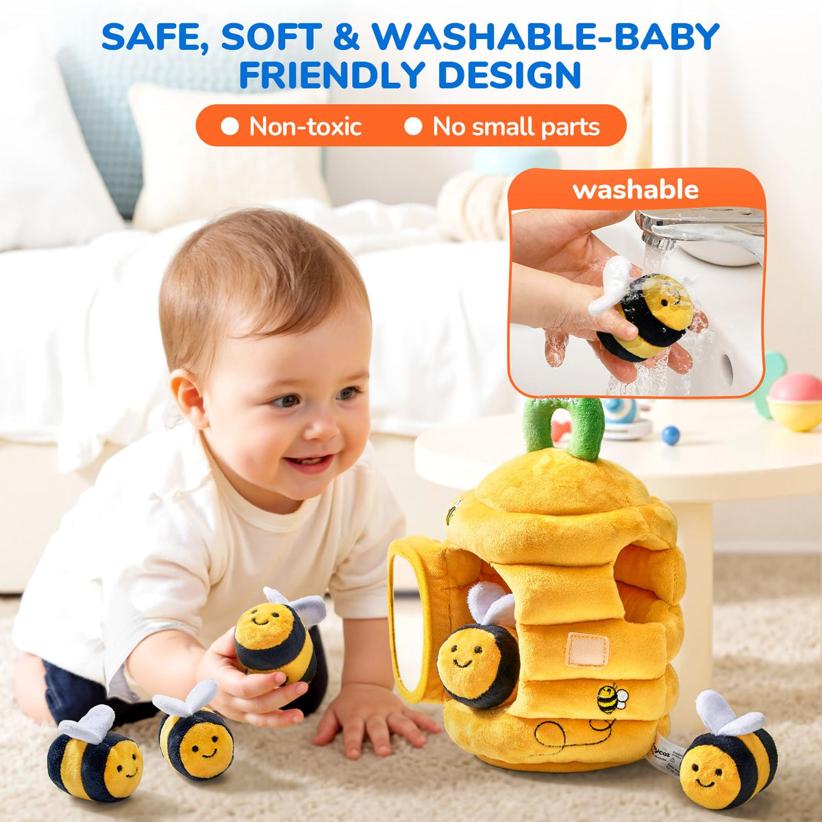 JoyCat beehive toy with crinkle bee for textured exploration.