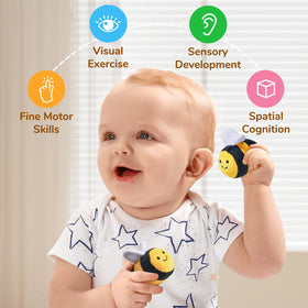 JoyCat beehive toy showing rattle bee for audible engagement.