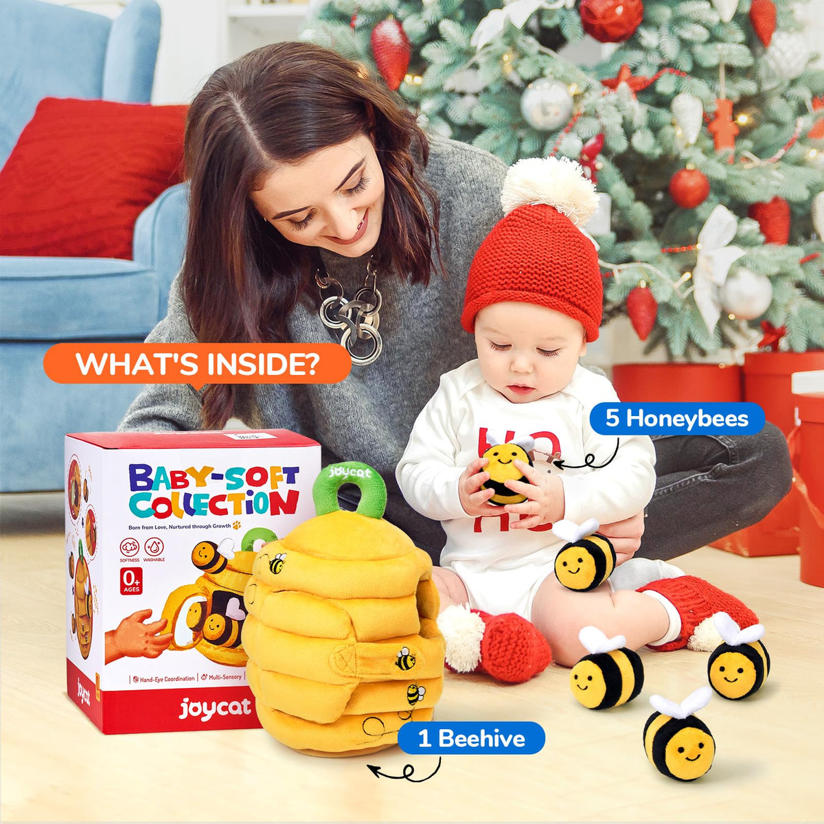JoyCat beehive toy with carry handle for on-the-go play.