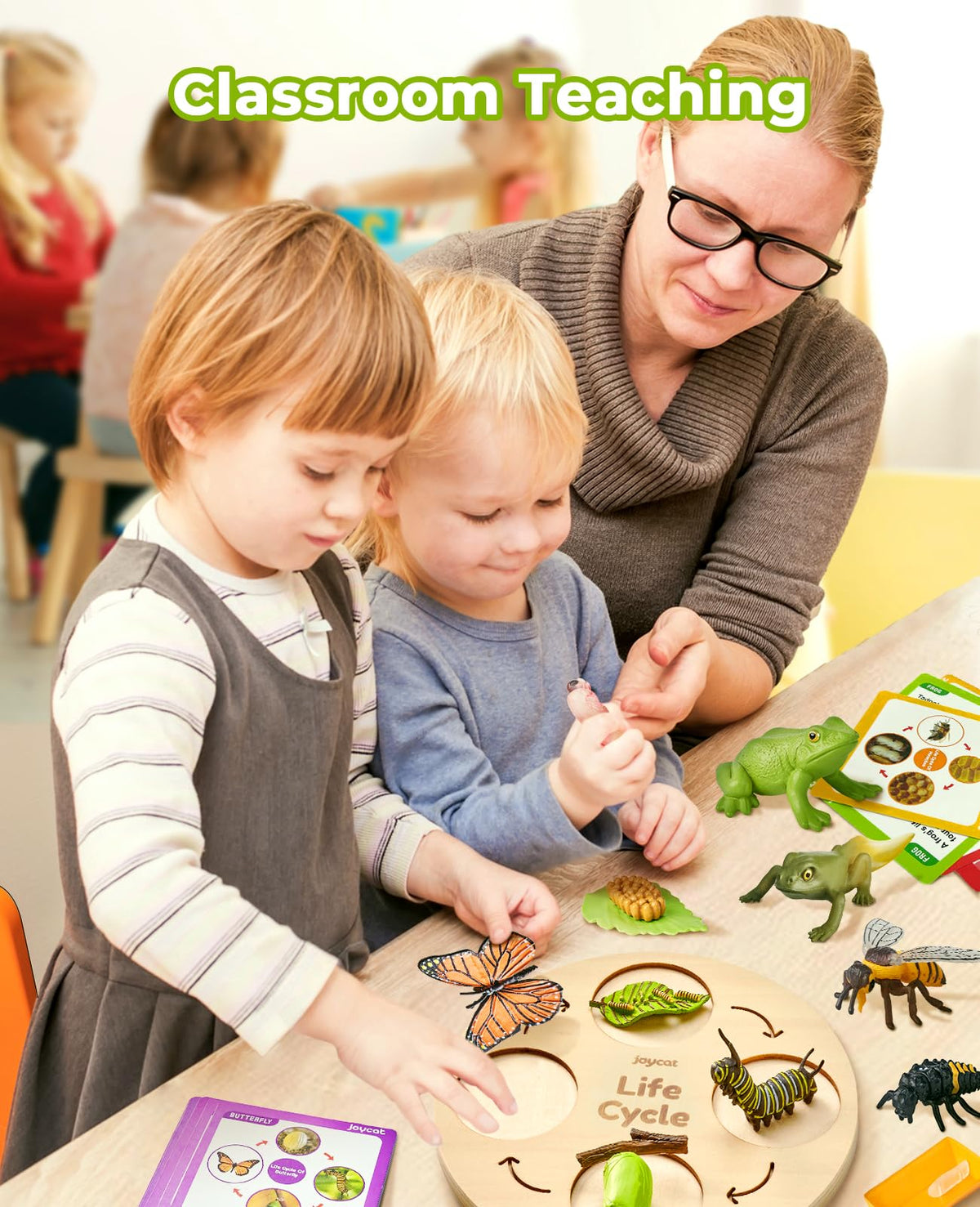 JoyCat bee figures with bright details spark curiosity about pollinators.