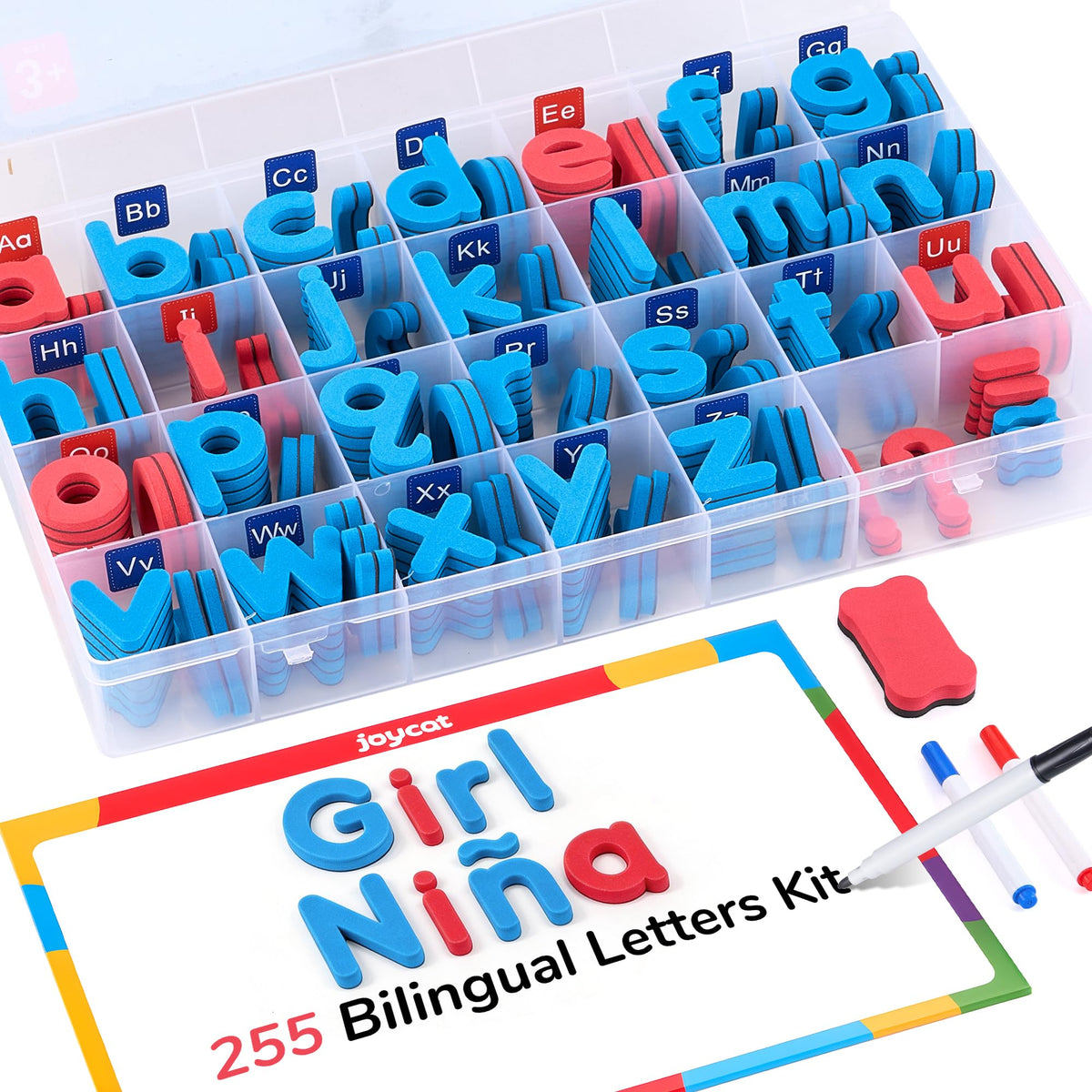 JoyCat Bilingual Letters Kit front view with colorful alphabet tiles for language learning