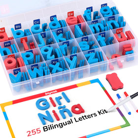 JoyCat Bilingual Letters Kit front view with colorful alphabet tiles for language learning