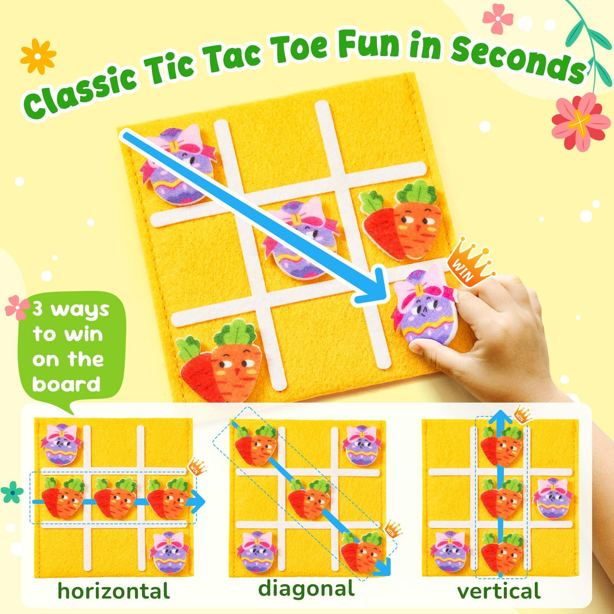 JoyCat bright garden design on felt tic-tac-toe board for kids.