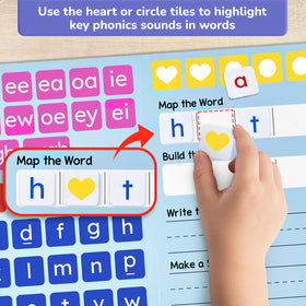 JoyCat color-coded grapheme tiles help distinguish vowels, consonants, and special tiles