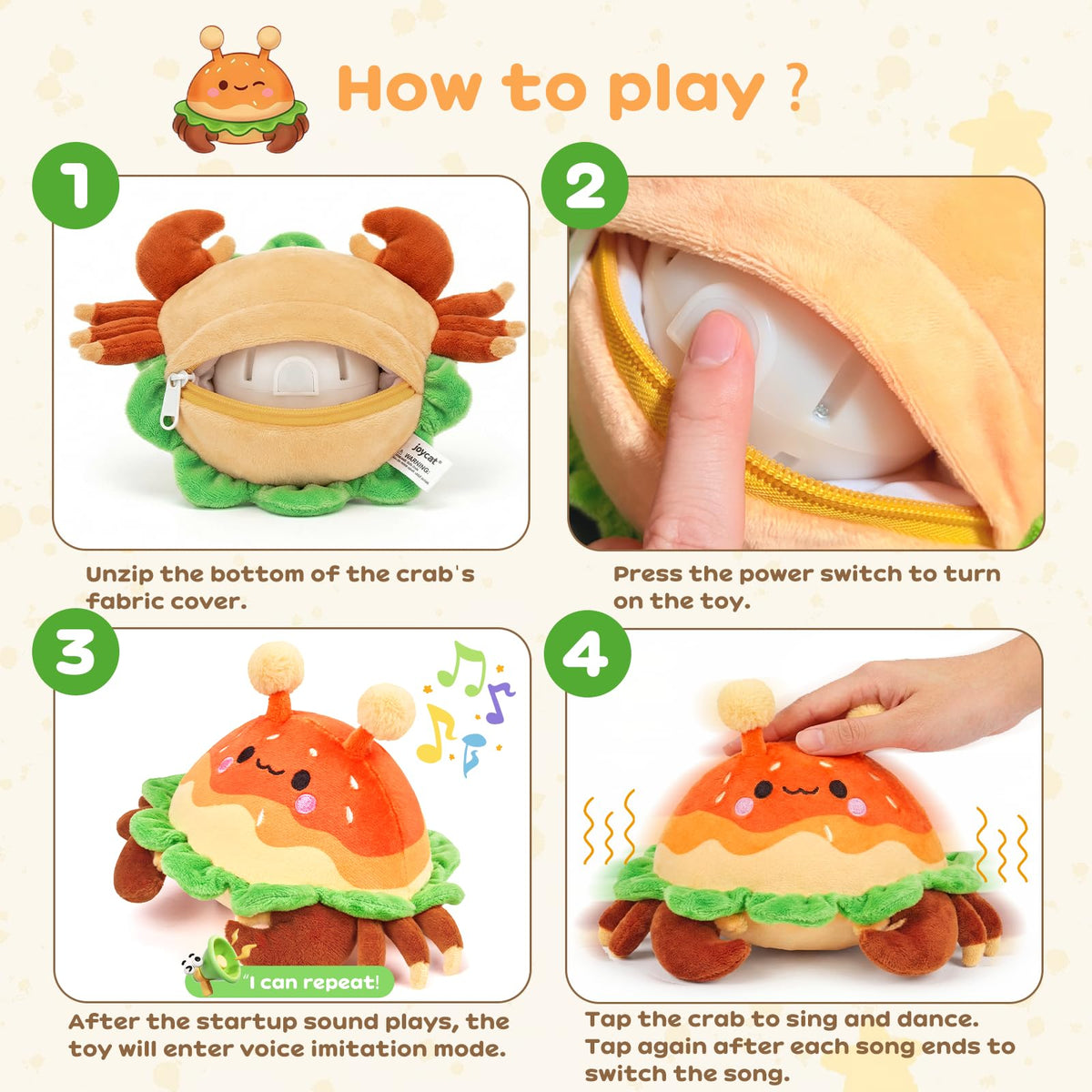 JoyCat crab toy features 38 songs and imitation mode.