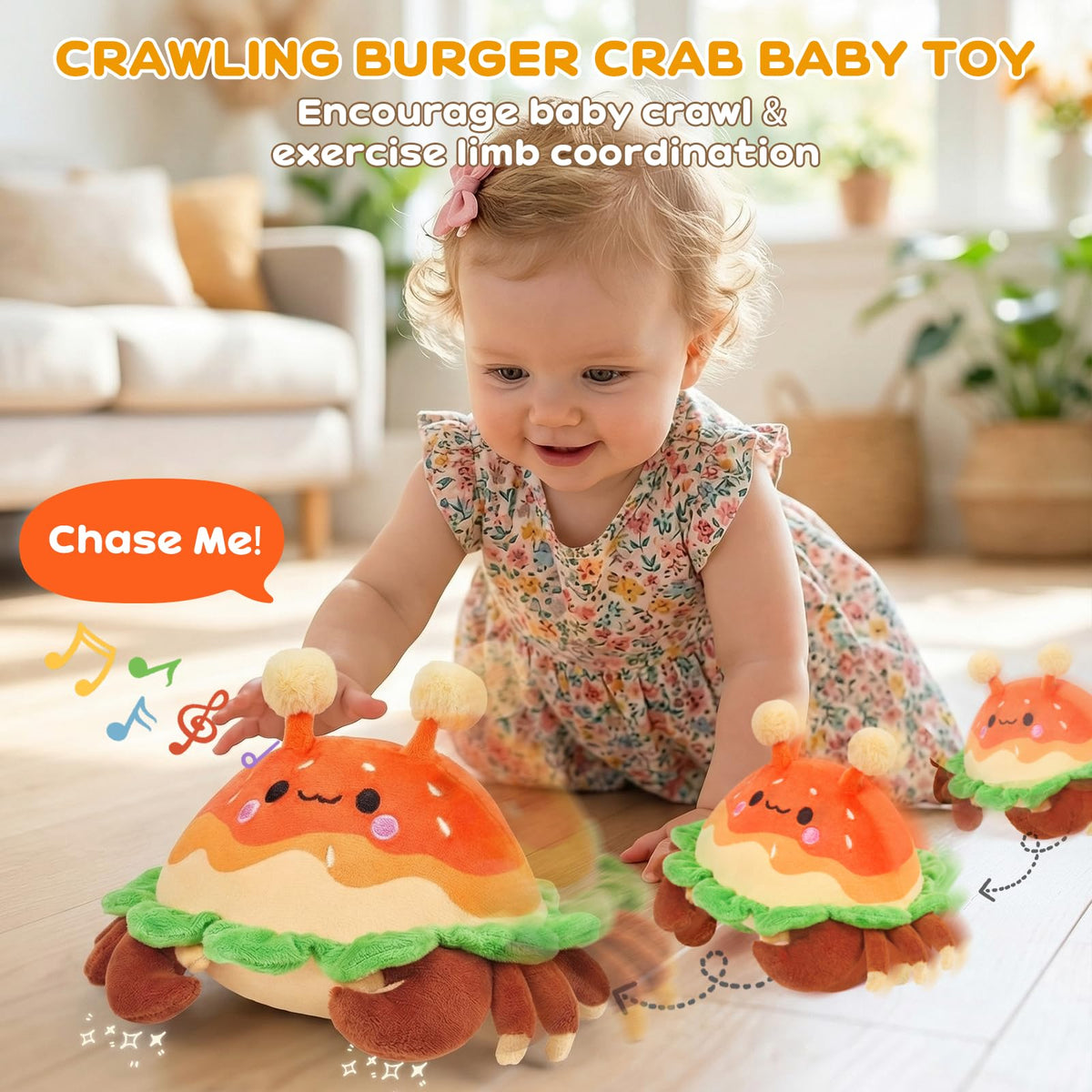 JoyCat plush crab features bright colors and textured surfaces for sensory exploration.