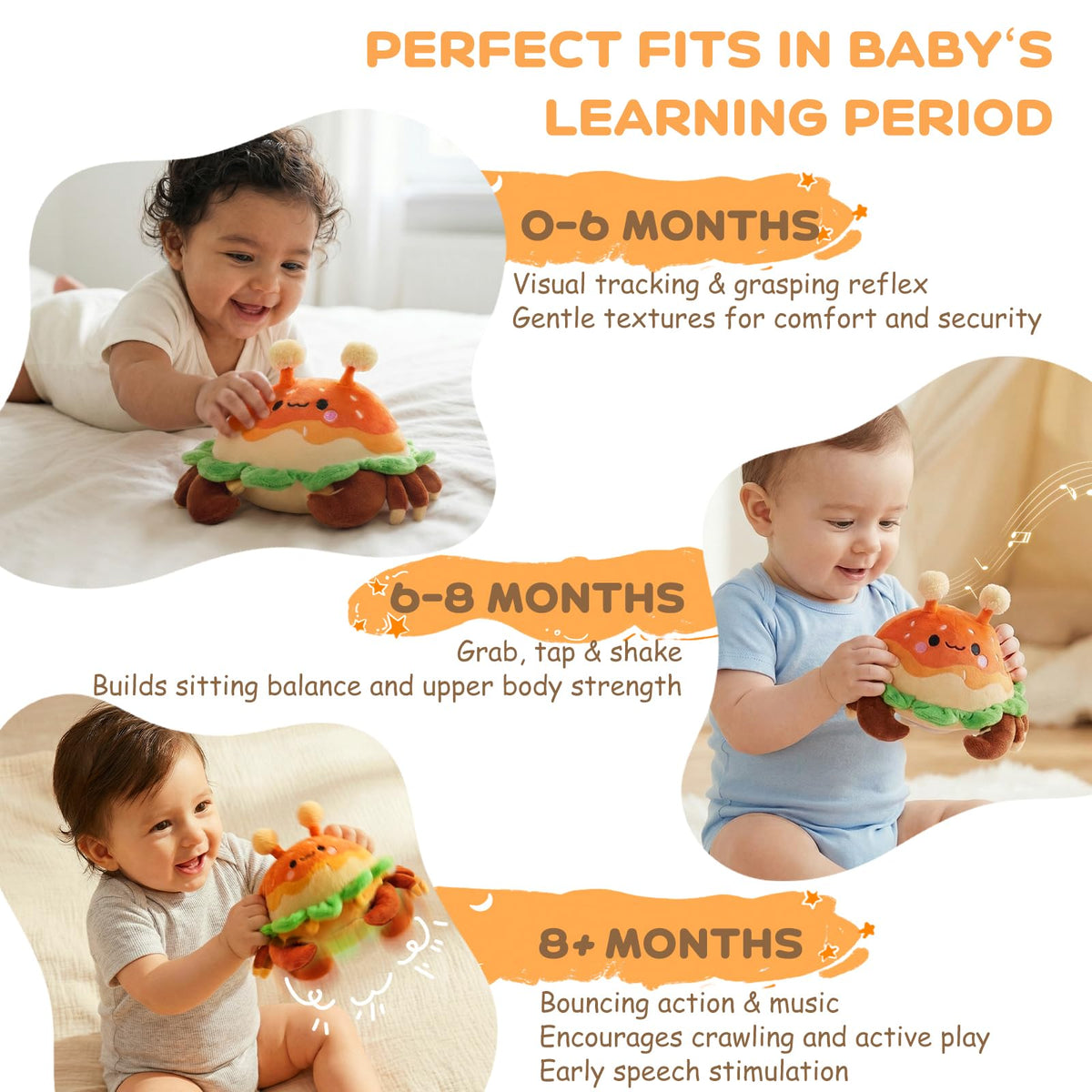 JoyCat crab toy plush suitable for newborns to 18 months.