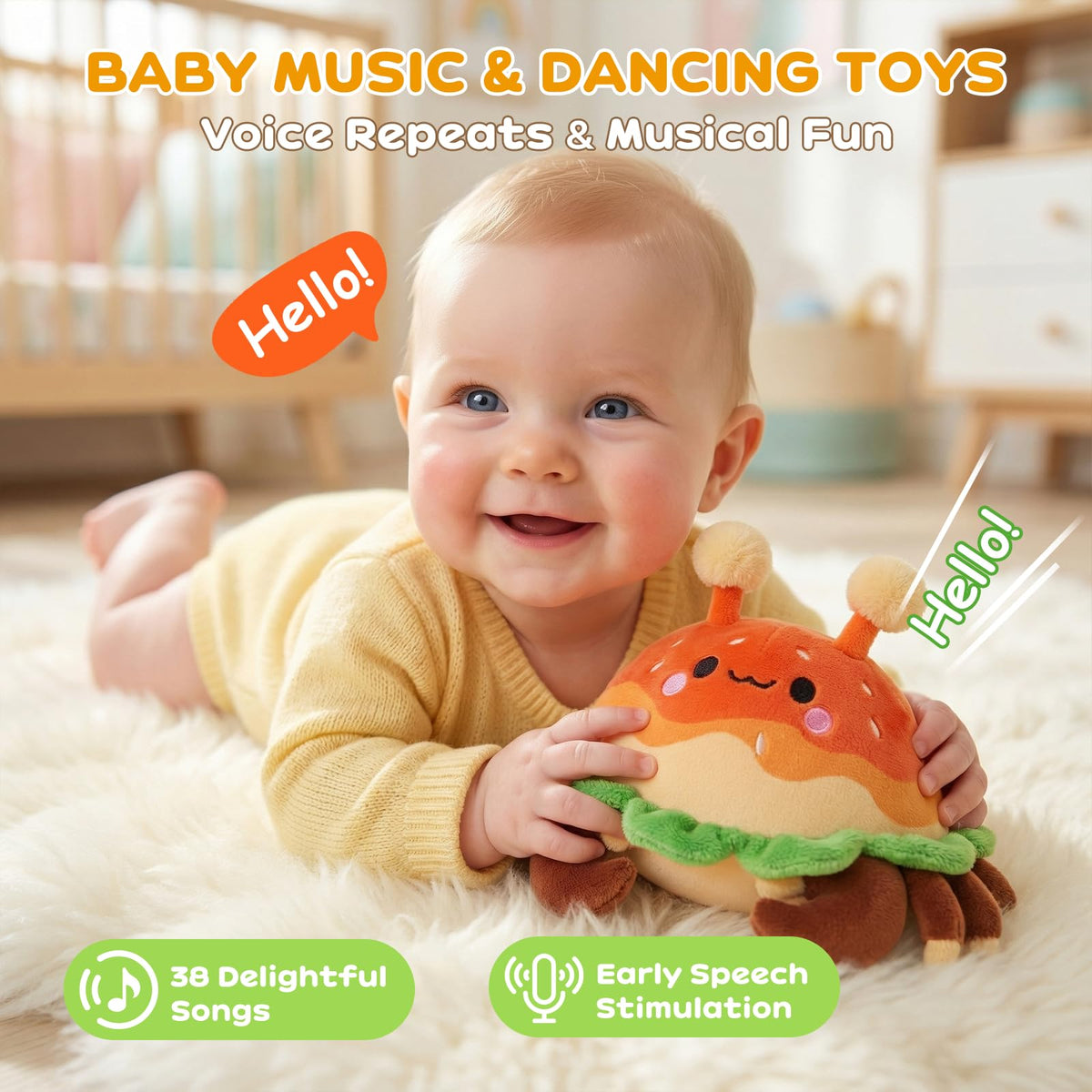 JoyCat crab toy during tummy time promotes head lifting and reaching.