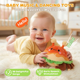JoyCat crab toy during tummy time promotes head lifting and reaching.