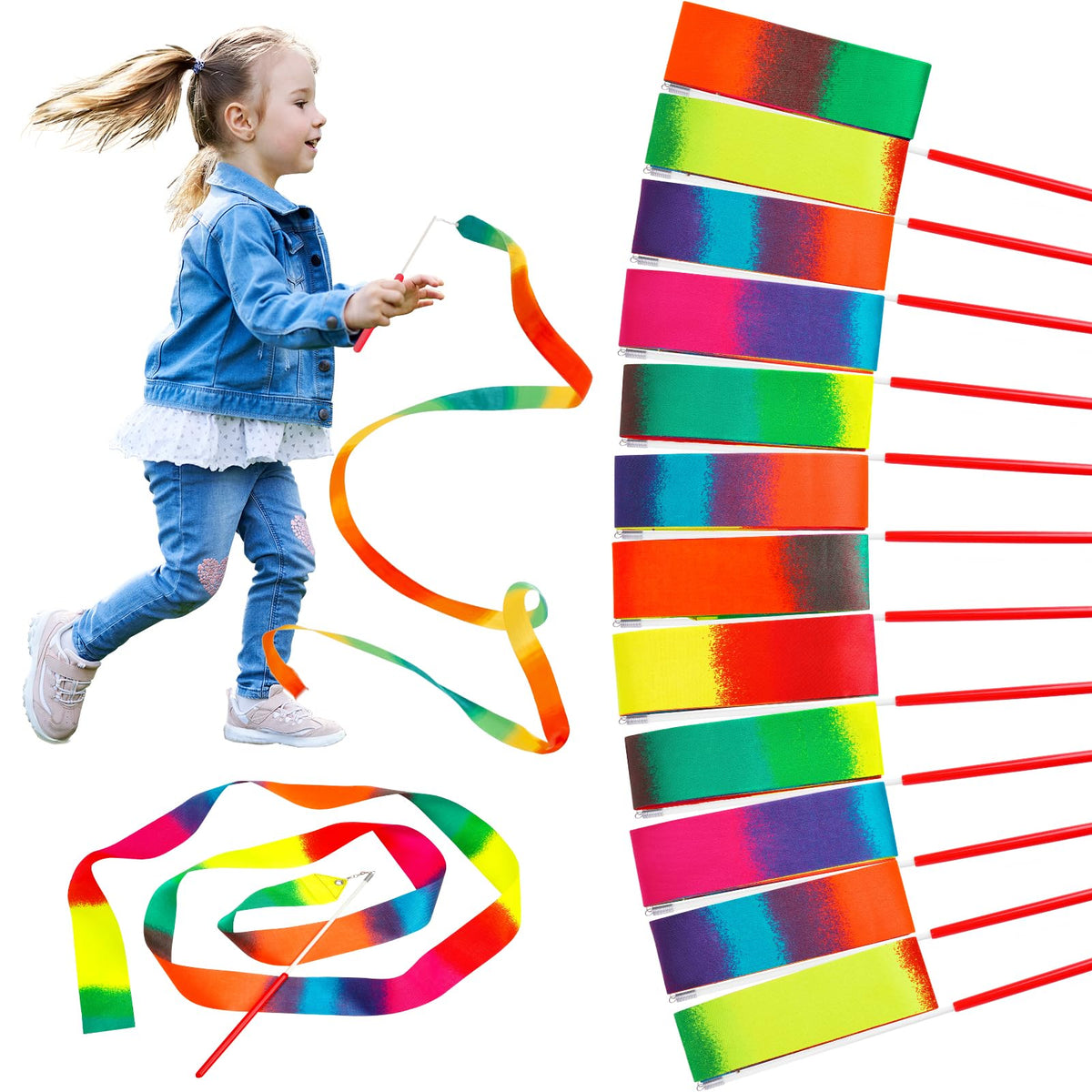 JoyCat rainbow dance ribbon streamer, ideal for kids' movement and classroom performances.