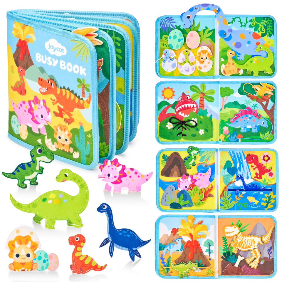 JoyCat Dinosaur Busy Book cover showcases colorful felt design for screen-free play