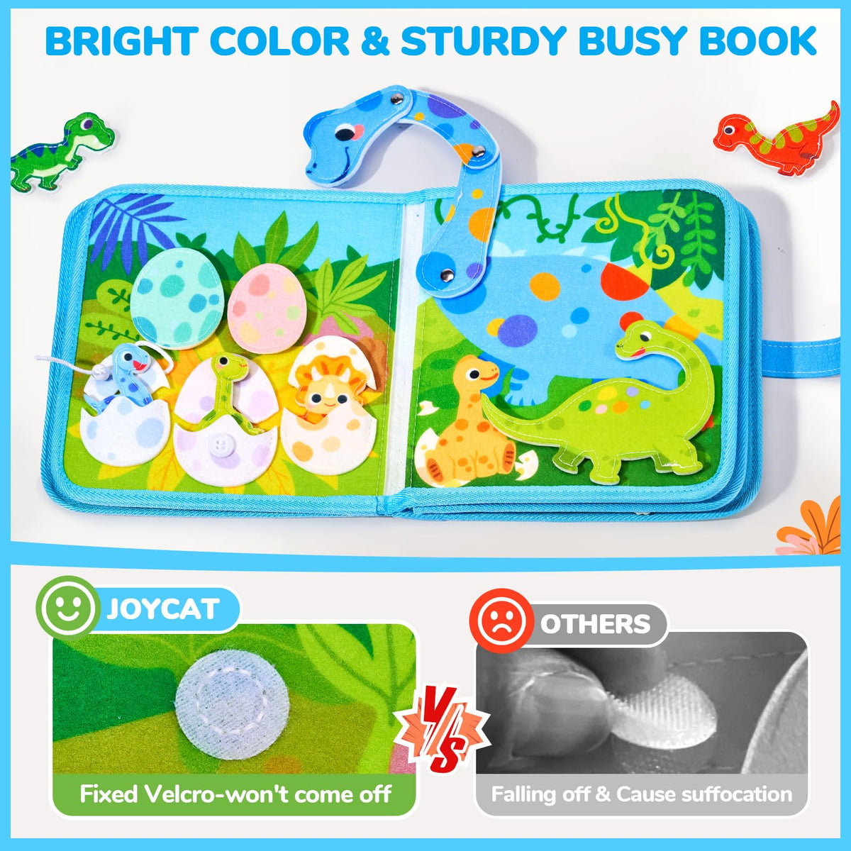 JoyCat busy book reinforces dressing skills and finger dexterity through playful activities
