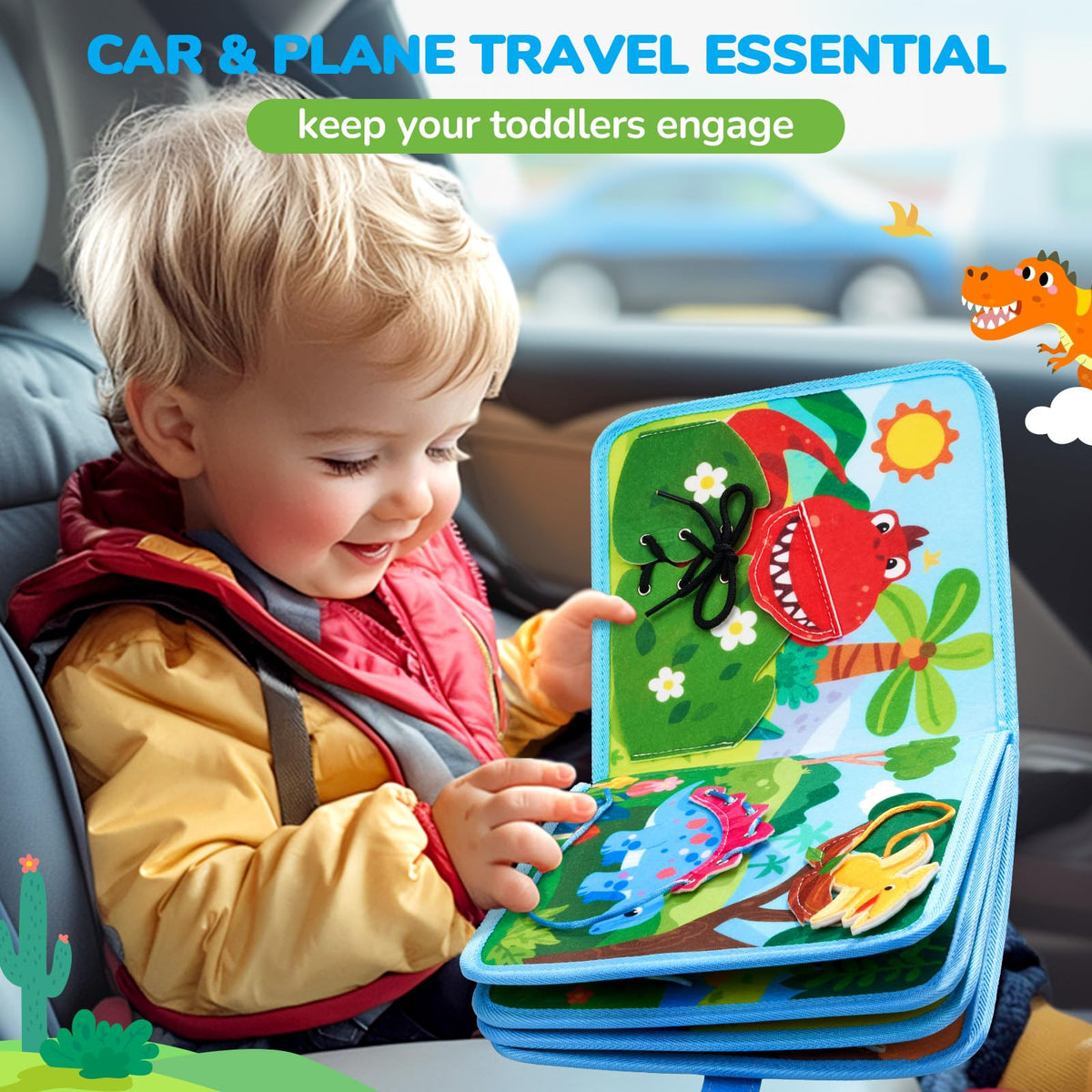 JoyCat dinosaur busy book travel-compact design fits car trips and flights