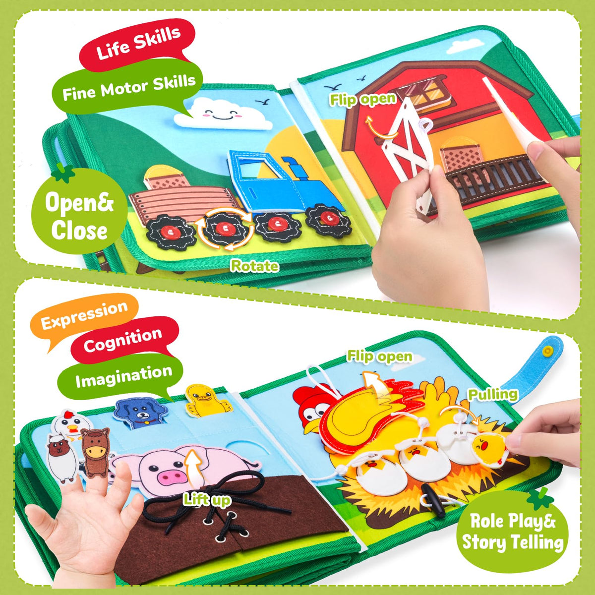 JoyCat Farm Busy Book buttoning activity enhances fine motor skills