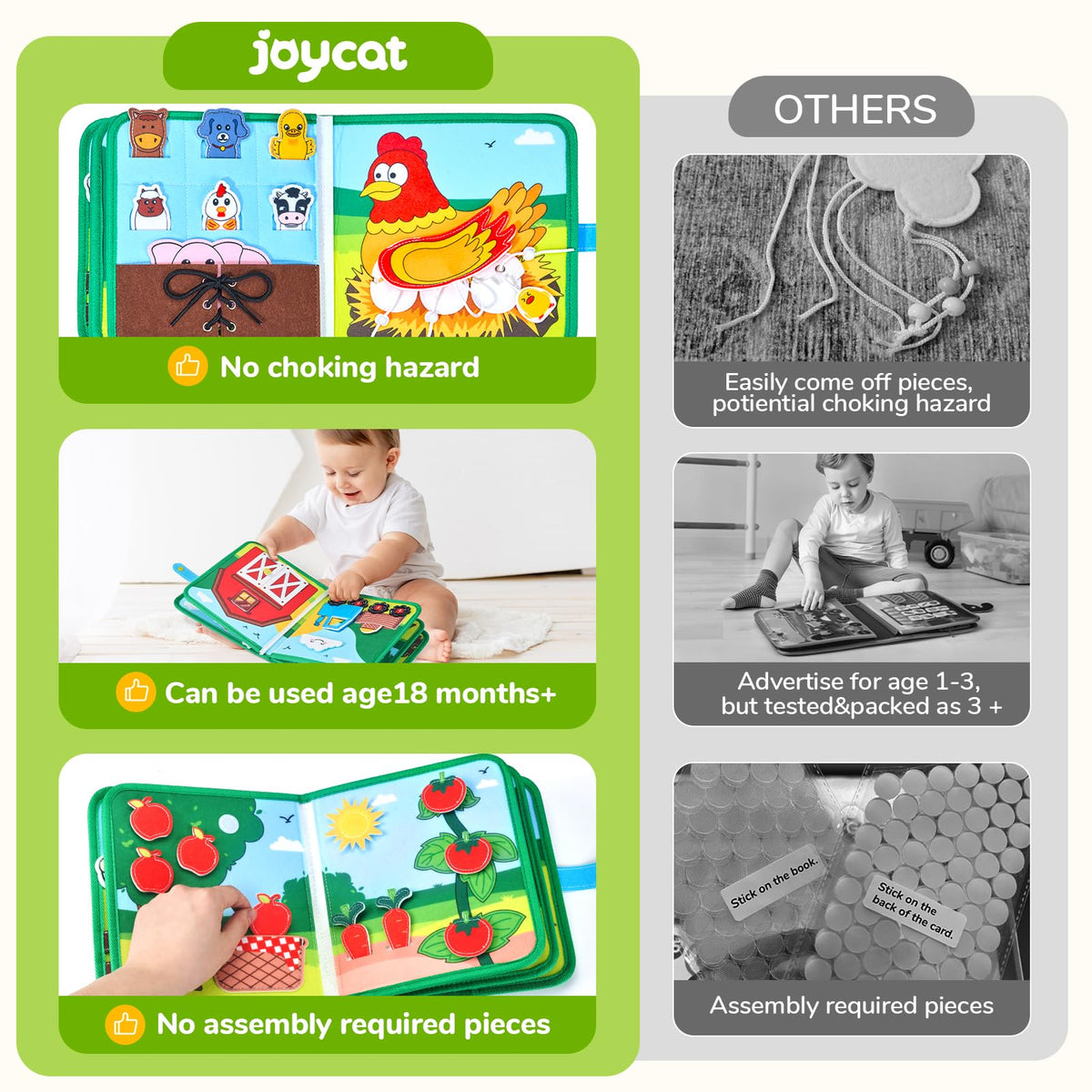 JoyCat Farm Busy Book open pages show interactive activities for early learners
