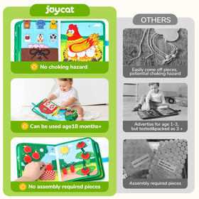 JoyCat Farm Busy Book open pages show interactive activities for early learners