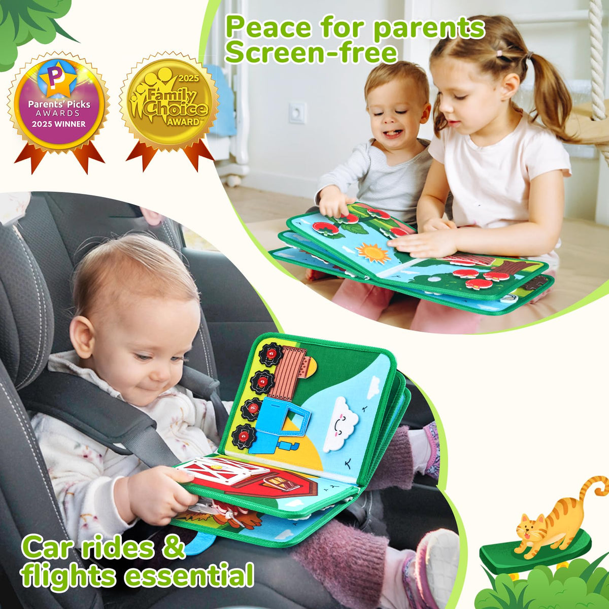 JoyCat Farm Busy Book zipping activity supports independent play on the go