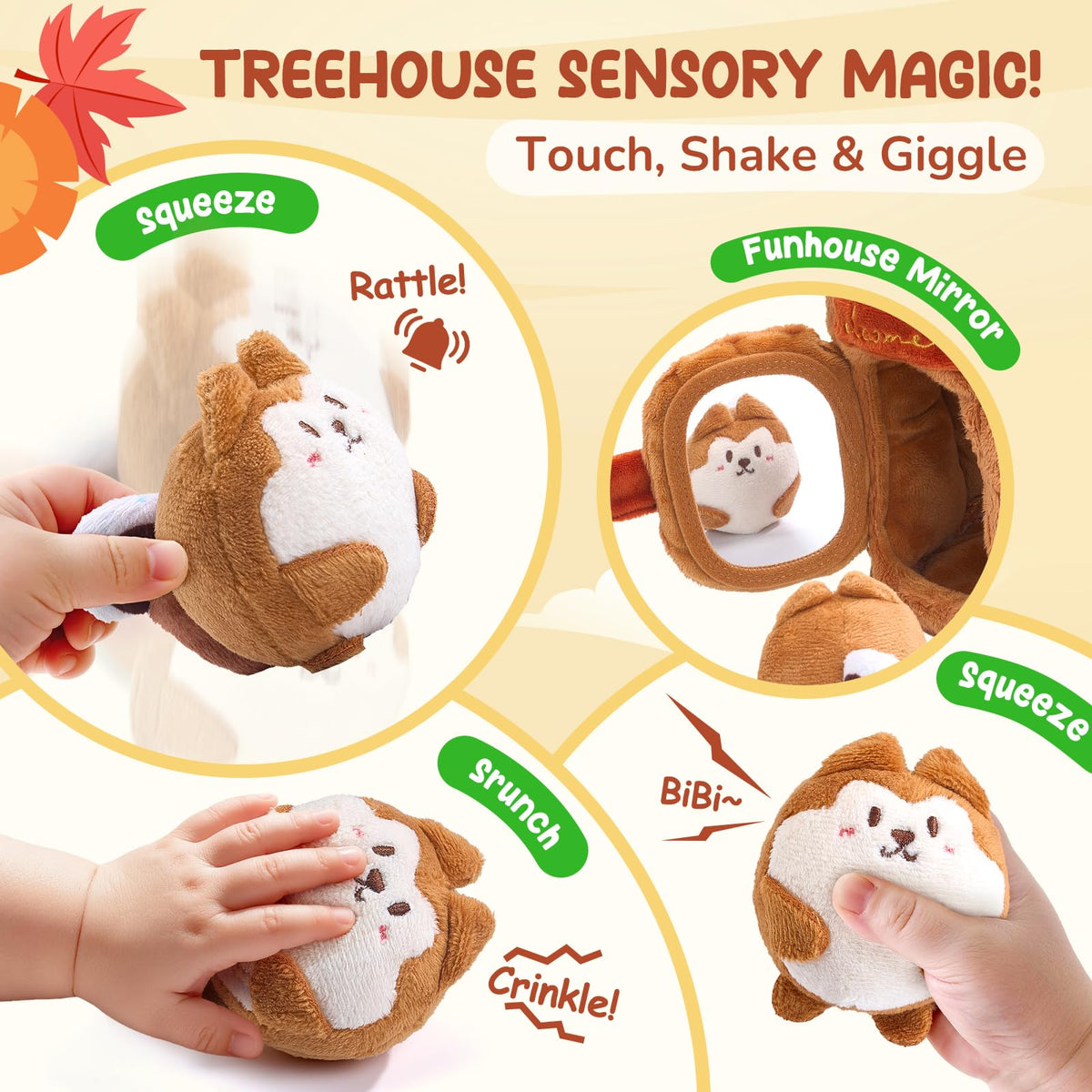 JoyCat five-sensory squirrels lined up for varied sounds and discovery