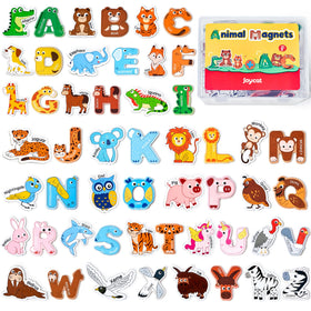 JoyCat animal-letter magnets on fridge support early literacy and word recognition.