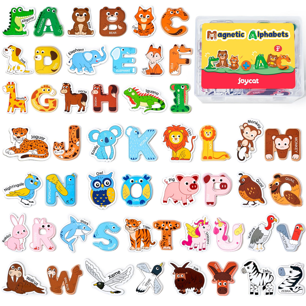 JoyCat fridge magnets with animals and uppercase letters for early literacy.