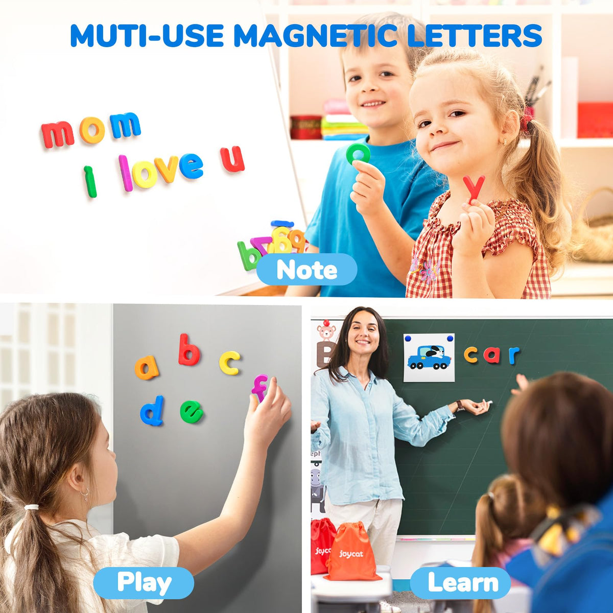 JoyCat large-grip magnetic letters designed for toddlers' hands.