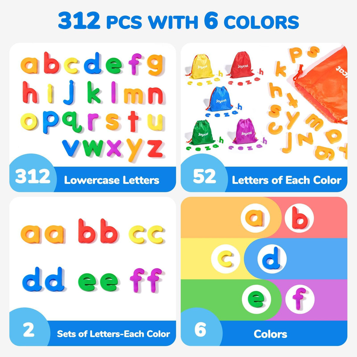 JoyCat letters stored in six color bags, easy organization for classroom or home use.