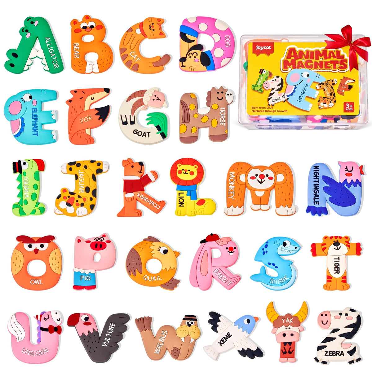 JoyCat magnetic letters with animal designs for engaging fridge learning.