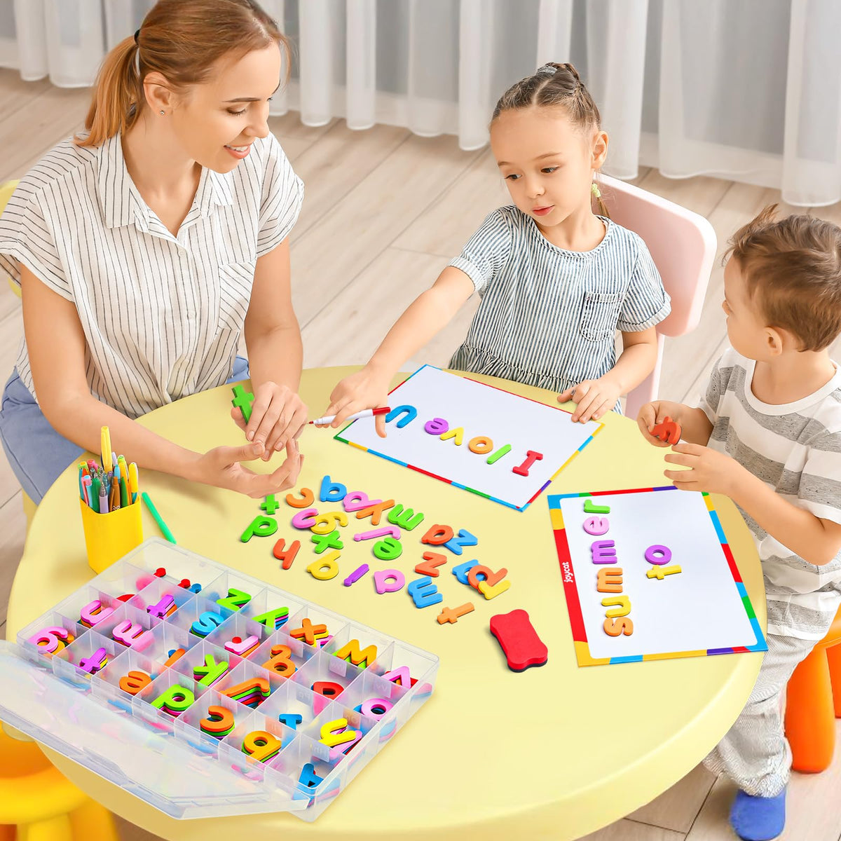 JoyCat magnetic letters sticking on fridge for quick word-building.