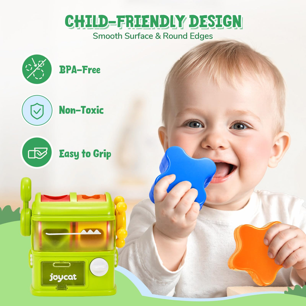 JoyCat Monster Eating The Shapes BPA-free materials ensure safe toddler use.