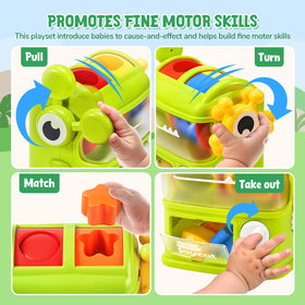 JoyCat Monster Eating The Shapes lever action promotes cause-and-effect learning for toddlers.
