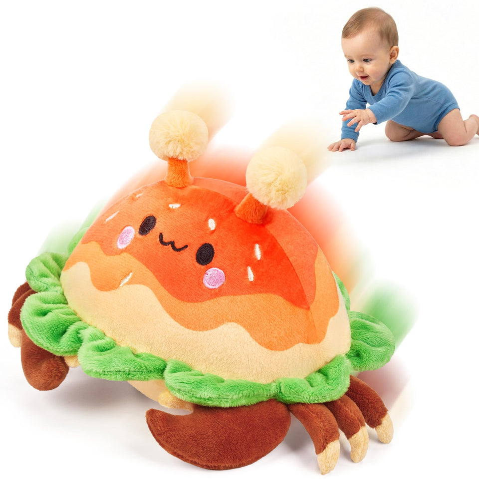 JoyCat musical crab toy bouncing to engage baby and spark curiosity.