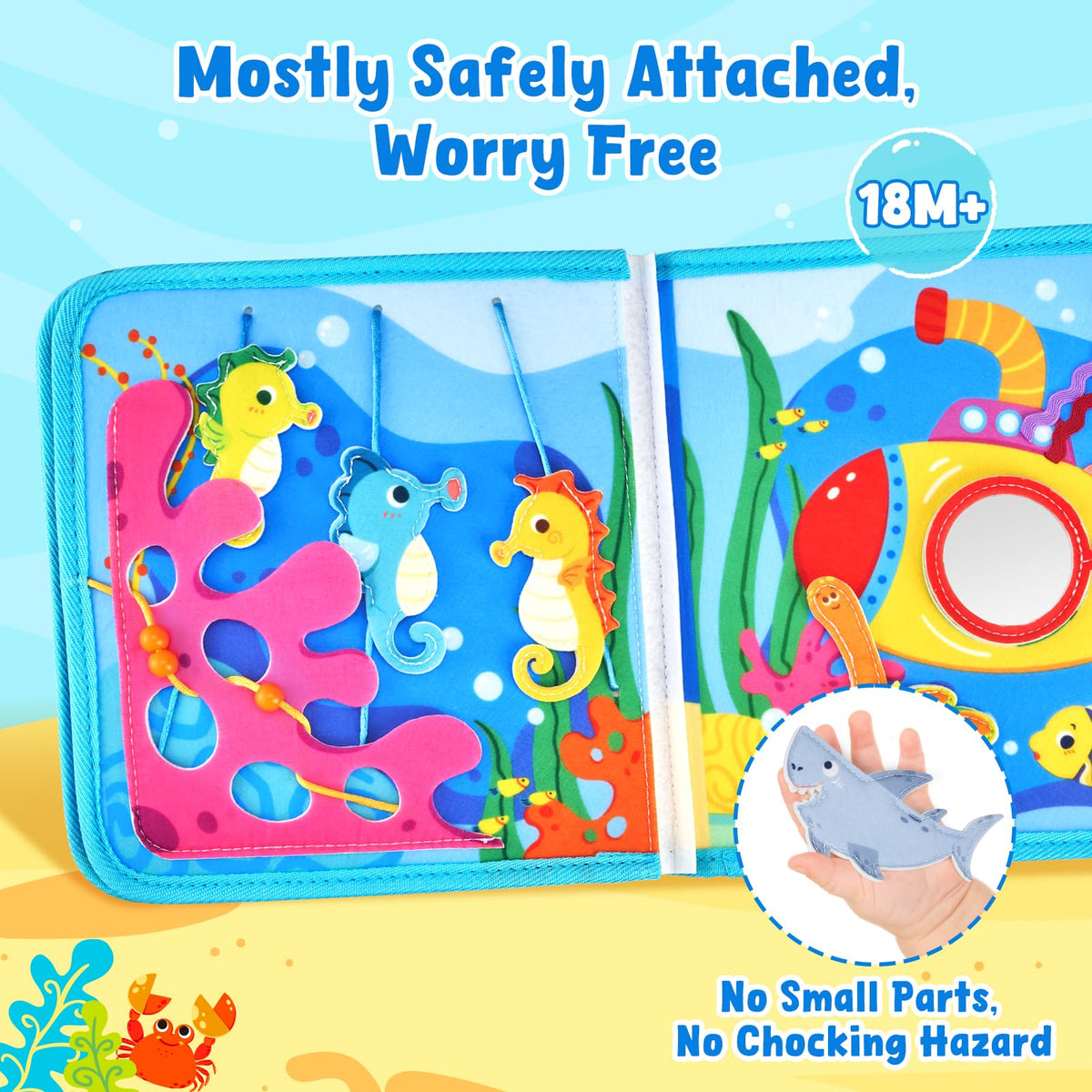 JoyCat Ocean Busy Book reinforced-stitching-detail highlights durable construction for daily use.