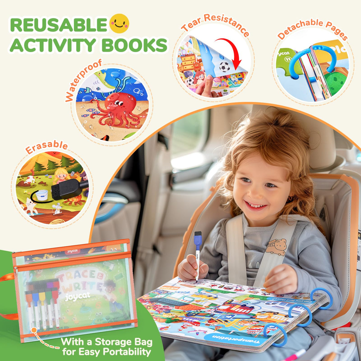 JoyCat seek & find game book open, highlighting themes and vocabulary building.
