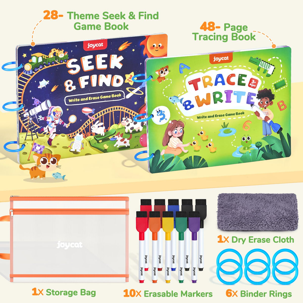 JoyCat handwriting practice workbook open, showing reusable pages for easy wipe-clean use.