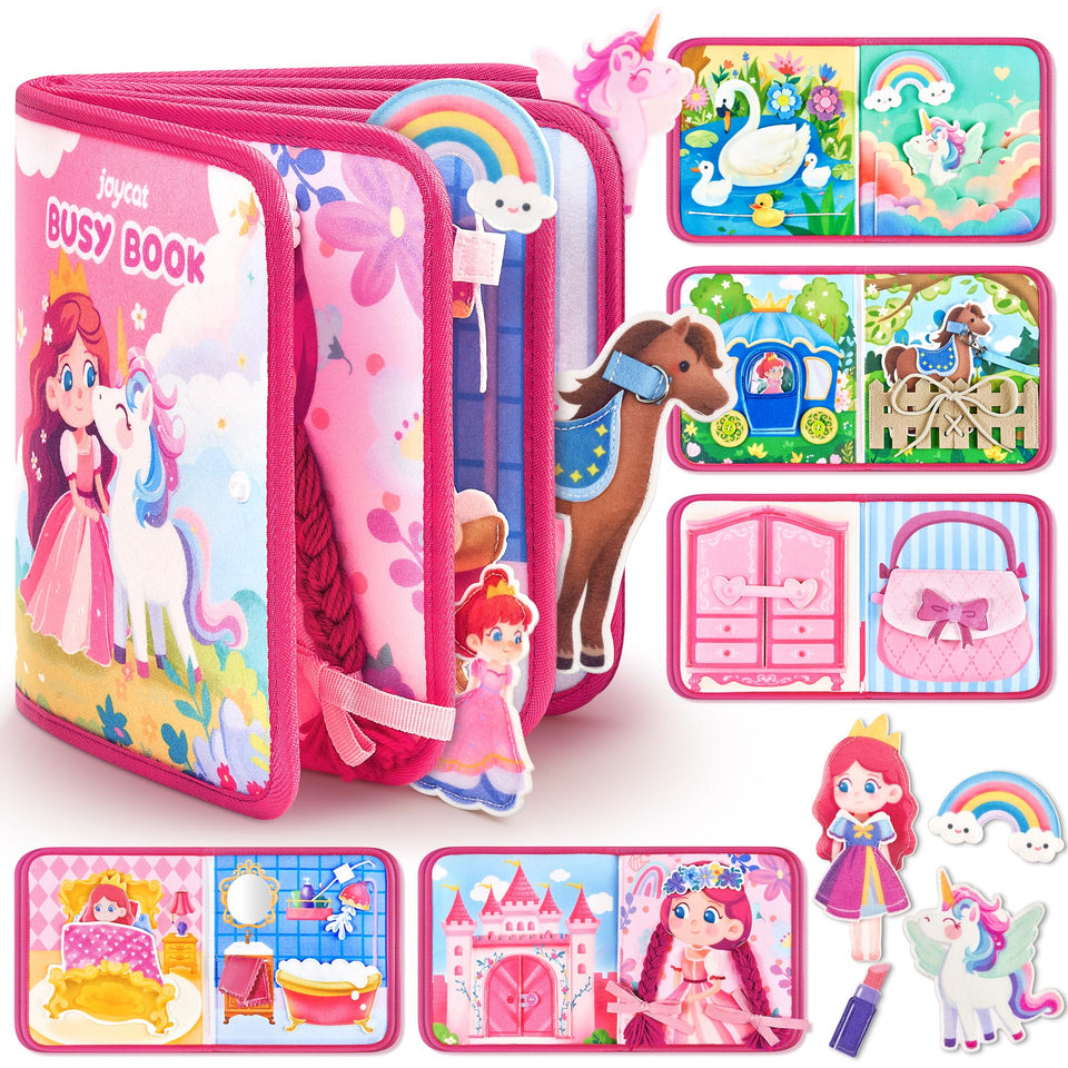 JoyCat princess busy book cover; inviting screen-free imaginative play for toddlers.