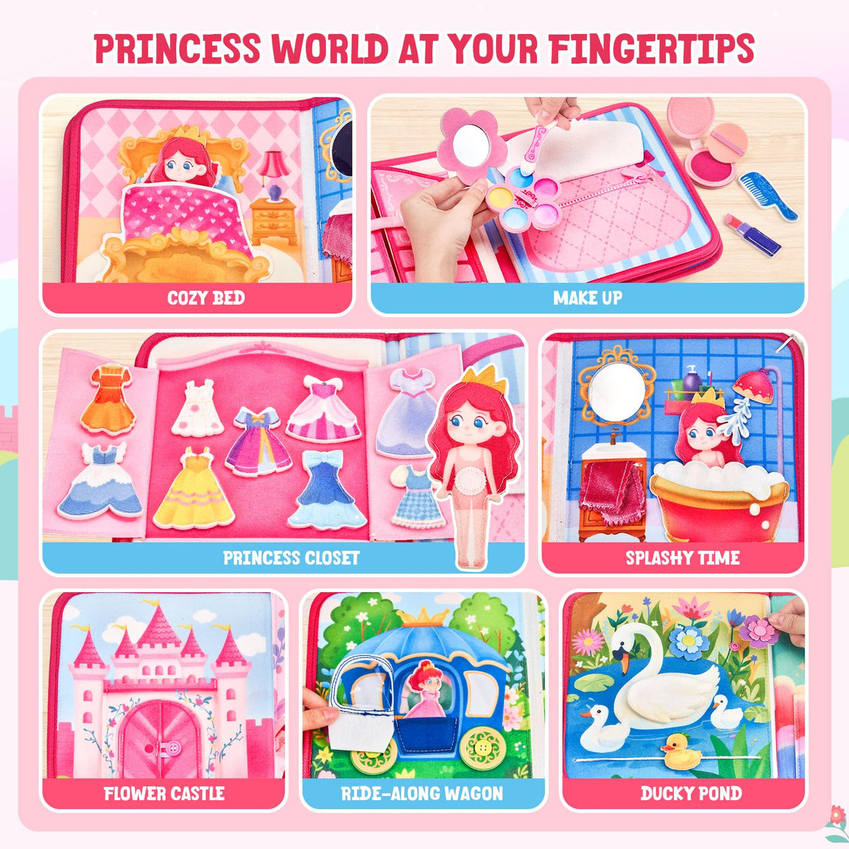 JoyCat princess busy book castle playset; magical world for toddler storytelling.