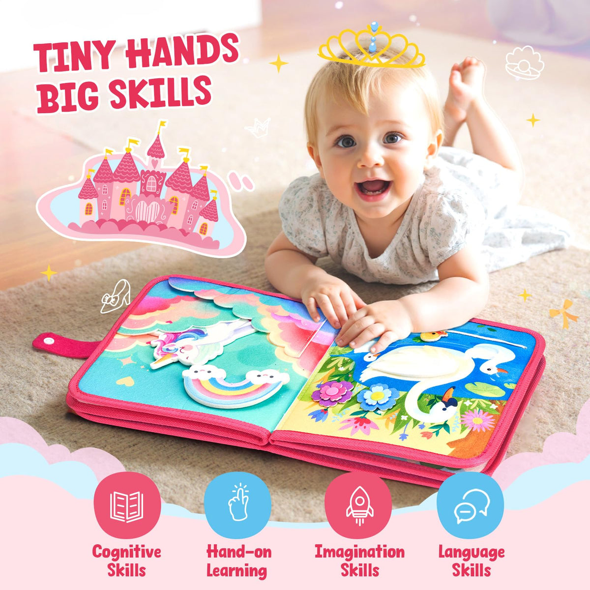 JoyCat princess busy book dress-up pages; sparks pretend play during car rides.
