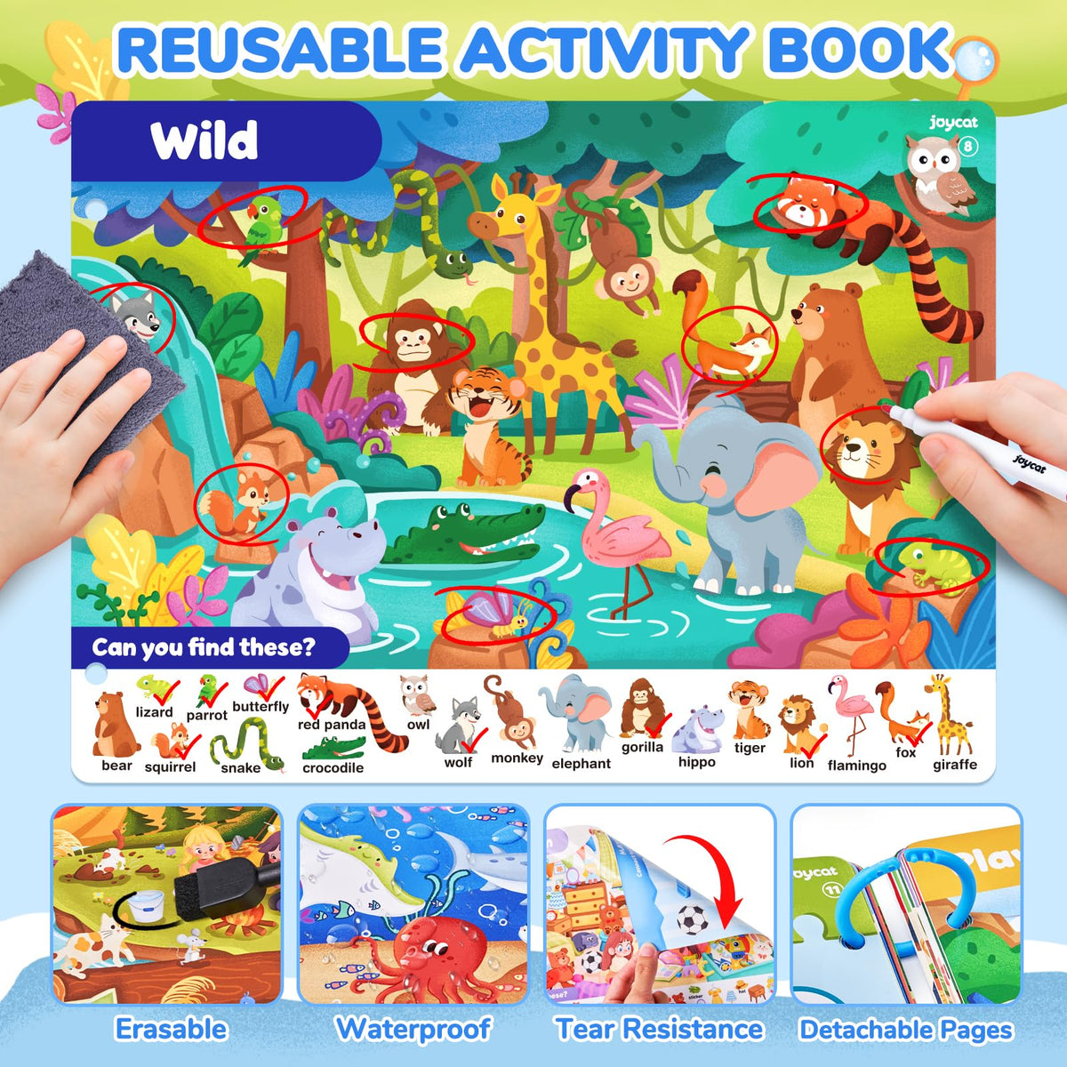 Inside pages of JoyCat Seek & Find with dinosaur and space themes to sharpen focus