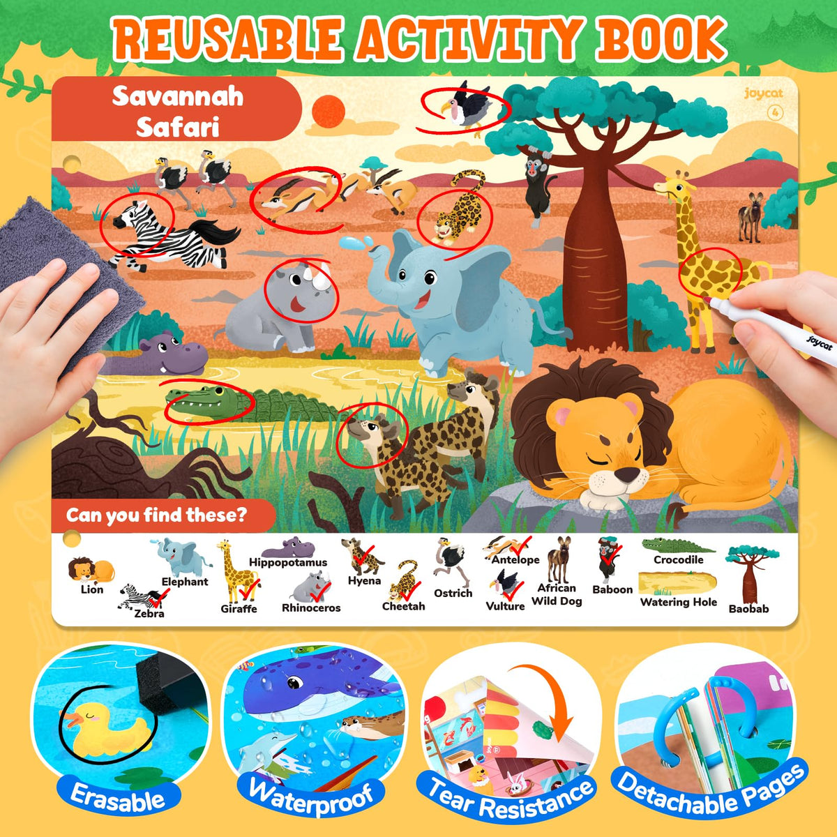JoyCat Seek & Find Inside pages — interactive activities on each theme