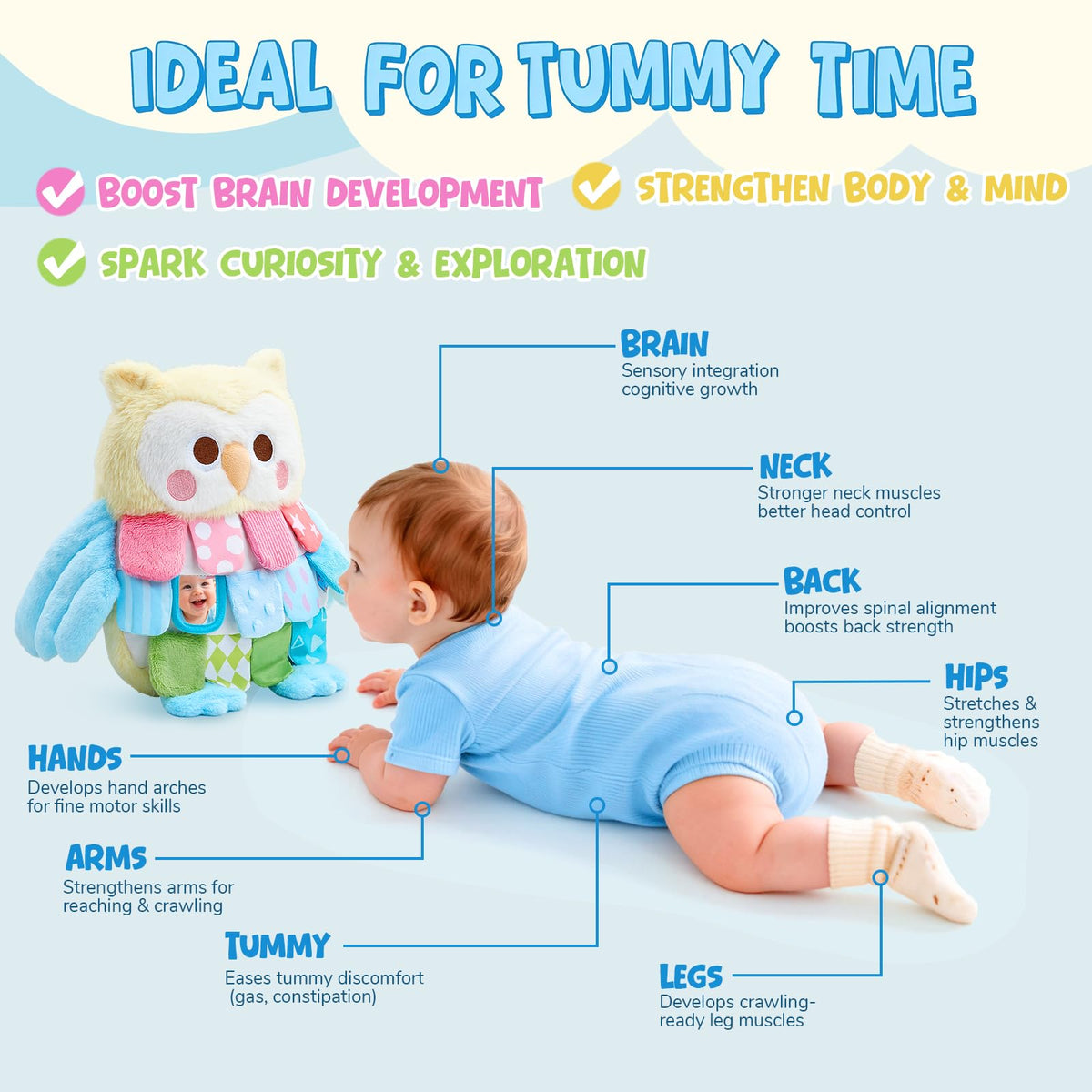 JoyCat Sensory Owl 13-inch tummy-time toy encourages head lifting and tracking