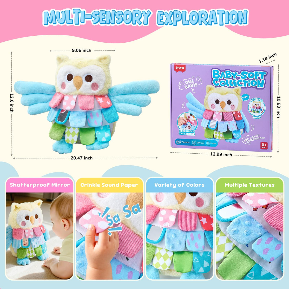 JoyCat Sensory Owl baby mirror invites facial exploration during play
