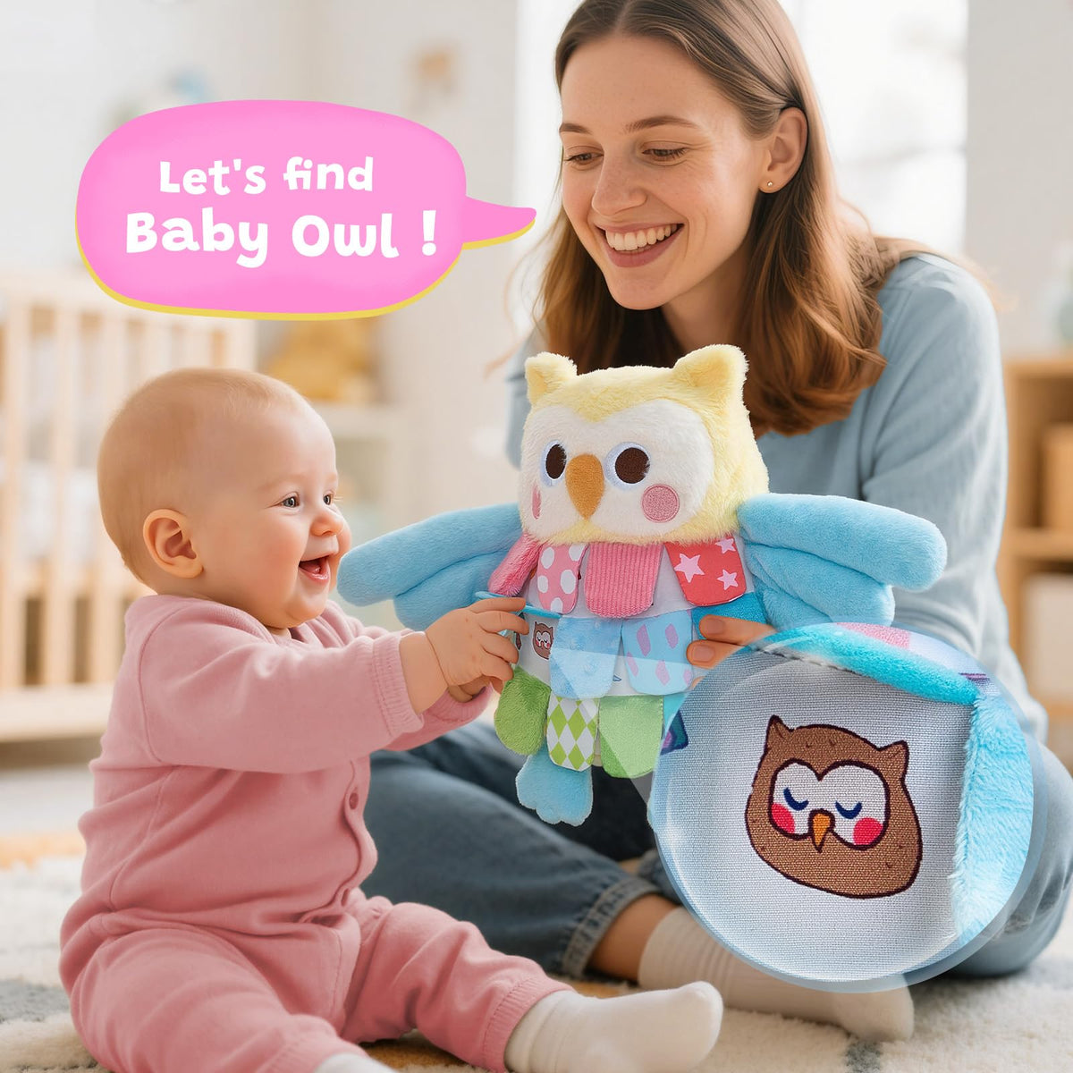 JoyCat Sensory Owl durable stitching withstands daily baby play