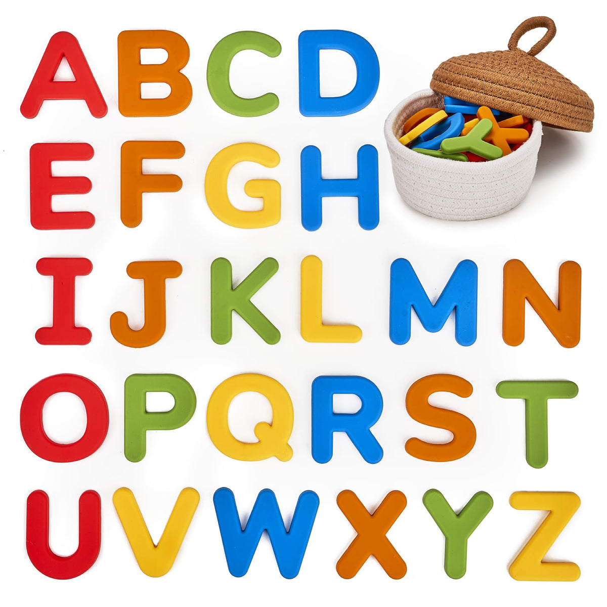 JoyCat silicone alphabet magnets on fridge for early literacy play and A-Z recognition