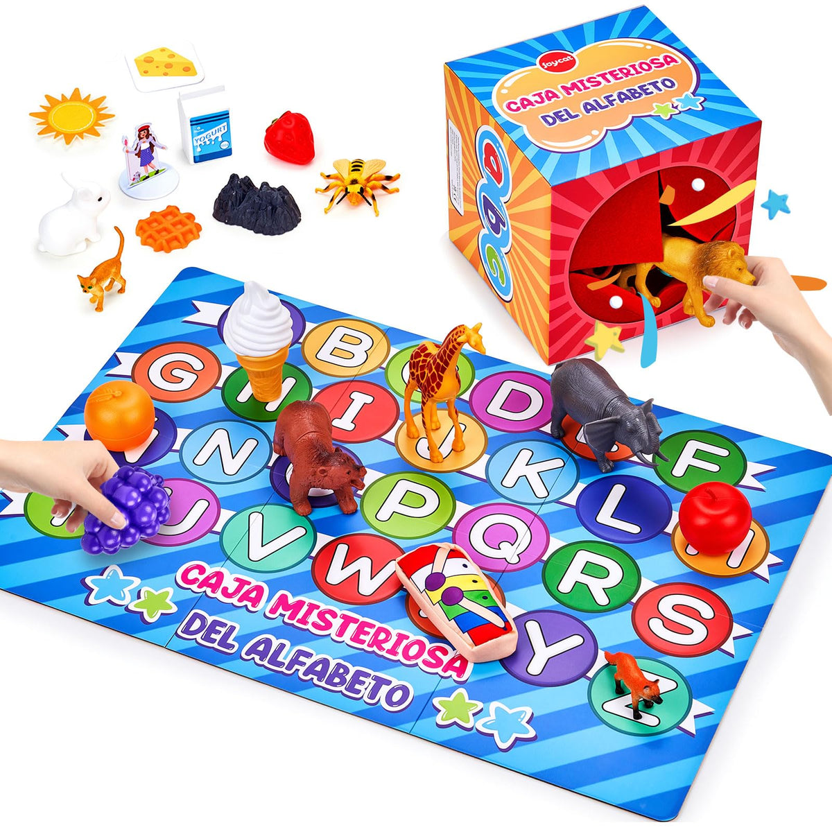 JoyCat Spanish Mystery Alphabet Box opened showing contents for immersive play