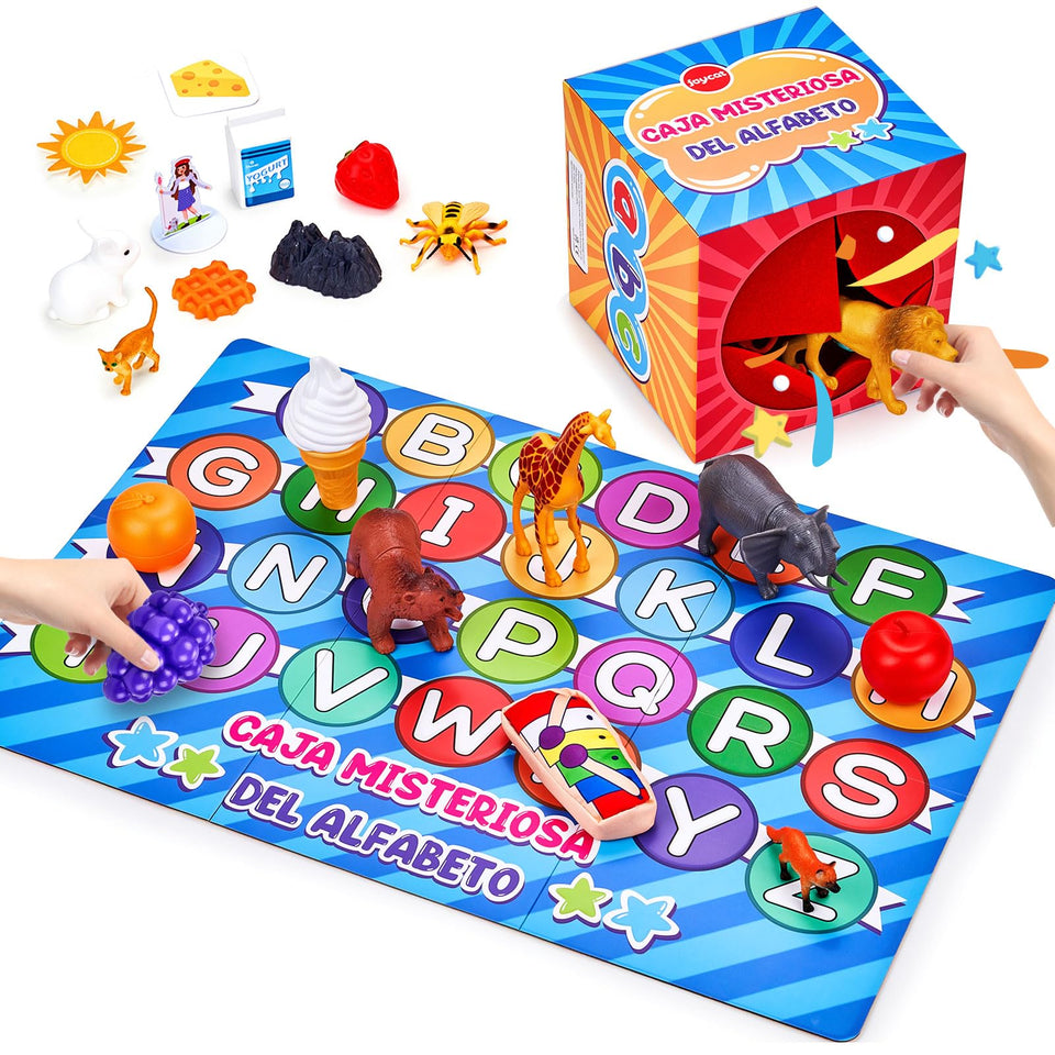 JoyCat Spanish Mystery Alphabet Box opened showing contents for immersive play
