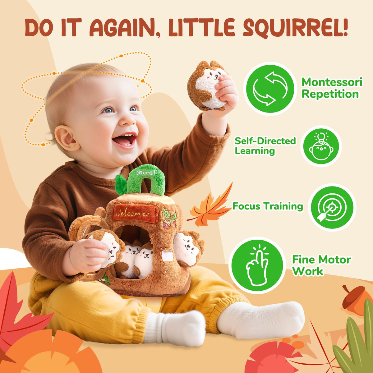 JoyCat squirrel-crinkle texture offers tactile feedback for grasping practice