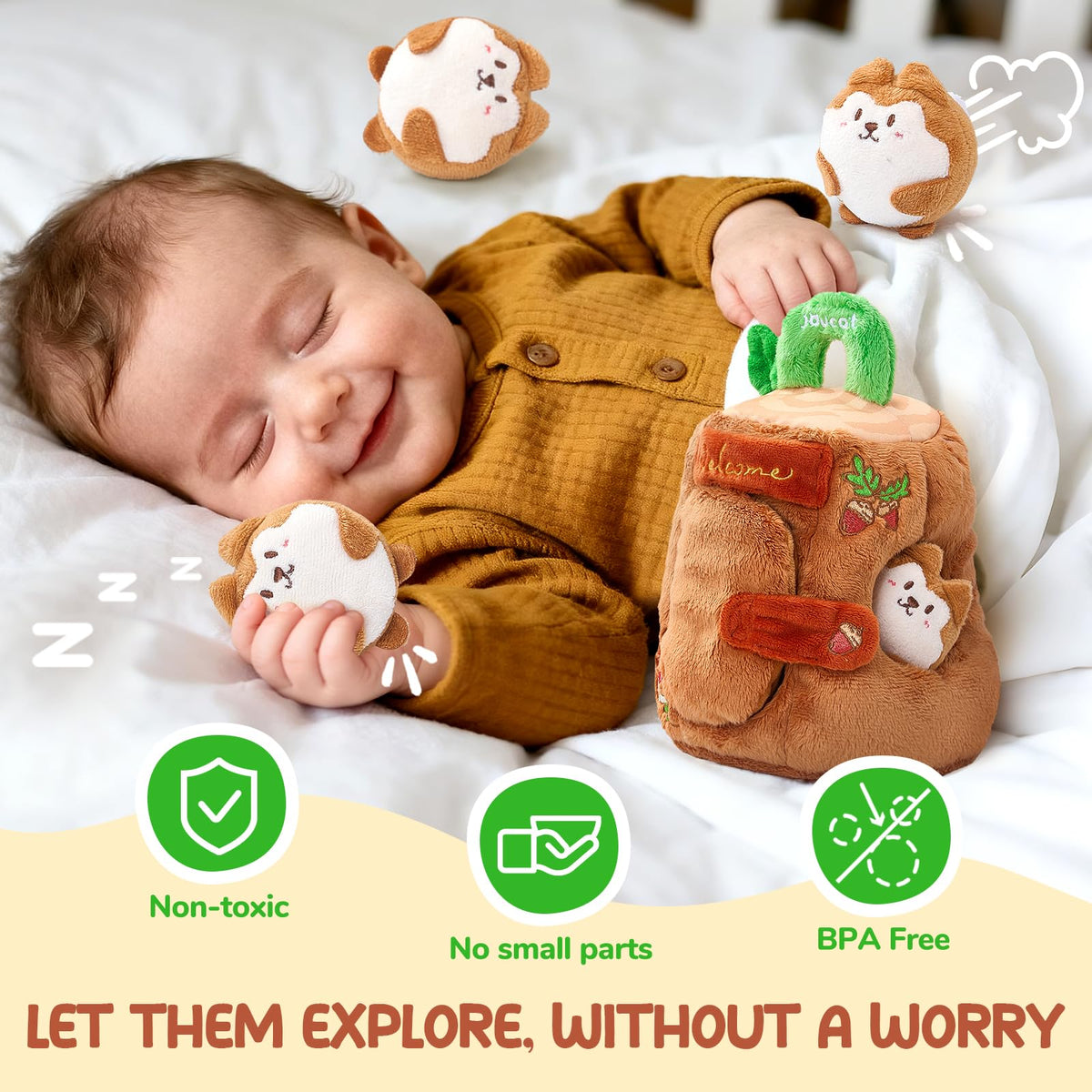 JoyCat squirrel-rattle captures infant attention with playful rhythm